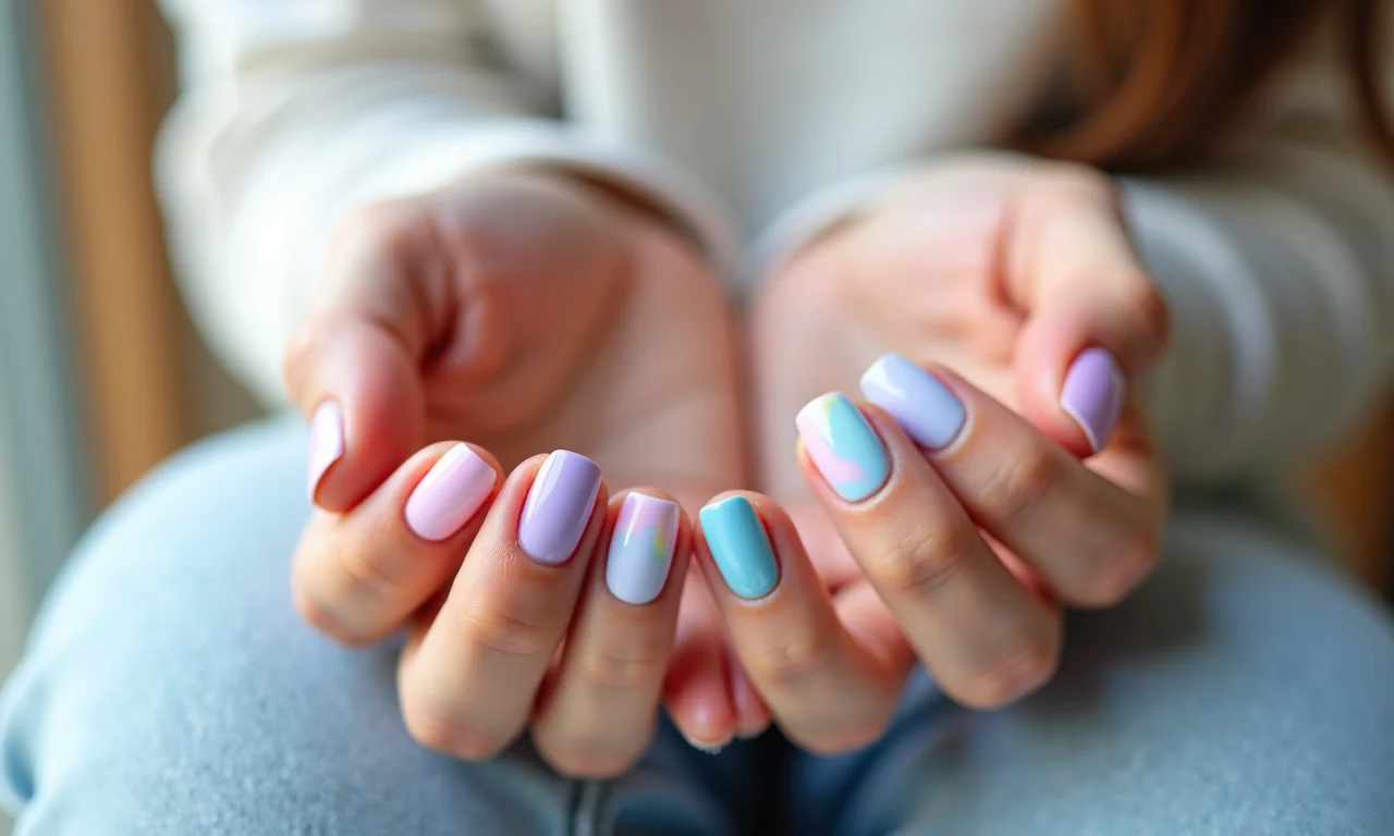 Unhas em tons pastel decoradas com tema de unicórnio