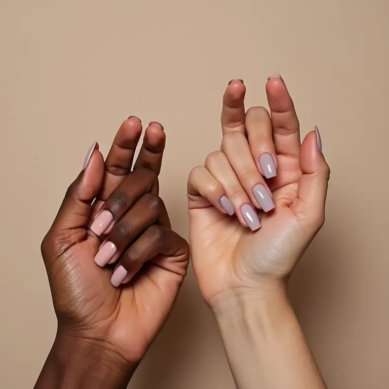 Unhas em tons pastel e nude, cores suaves e elegantes.