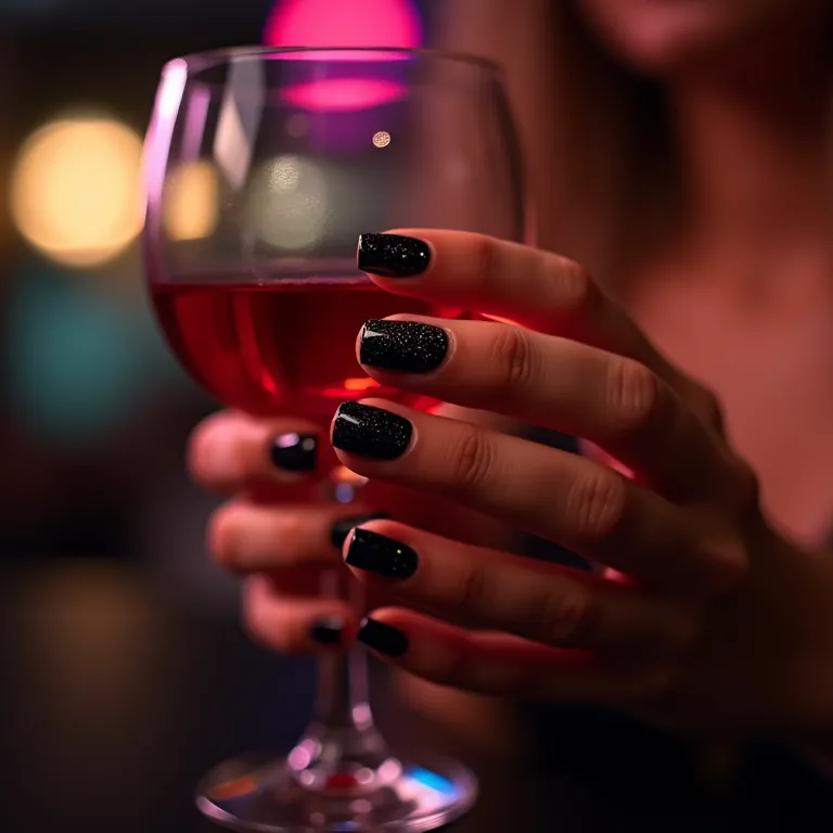 Unhas escuras com glitter segurando taça de vinho.