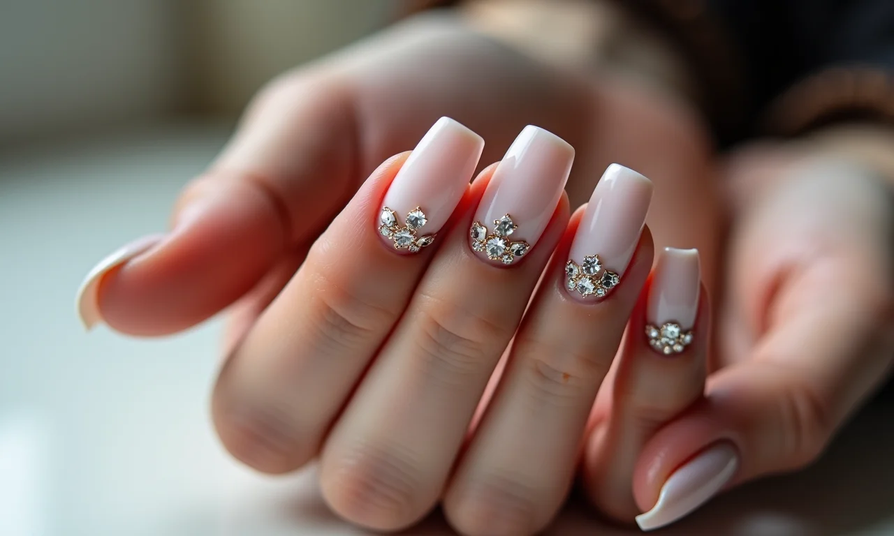 Unhas foscas com pedrarias delicadas