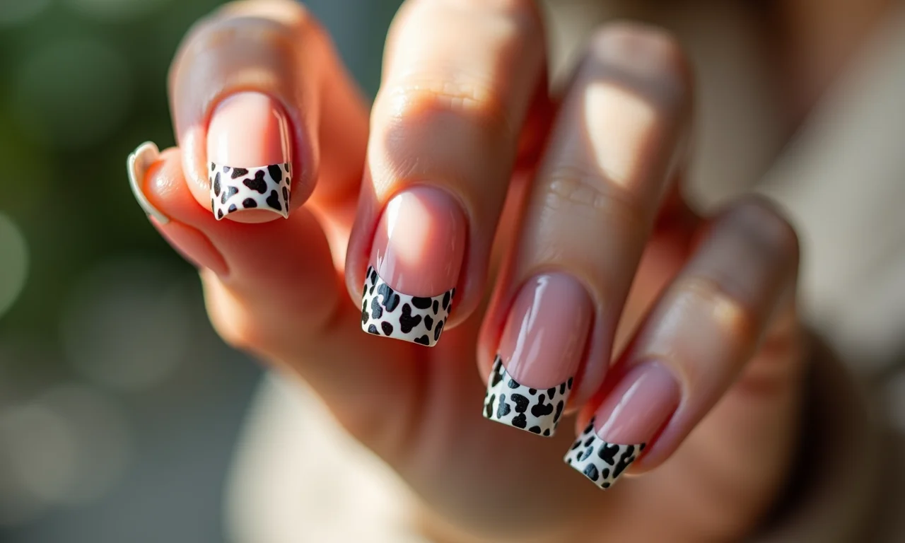 Unhas francesinhas com estampa animal, design elegante e moderno.