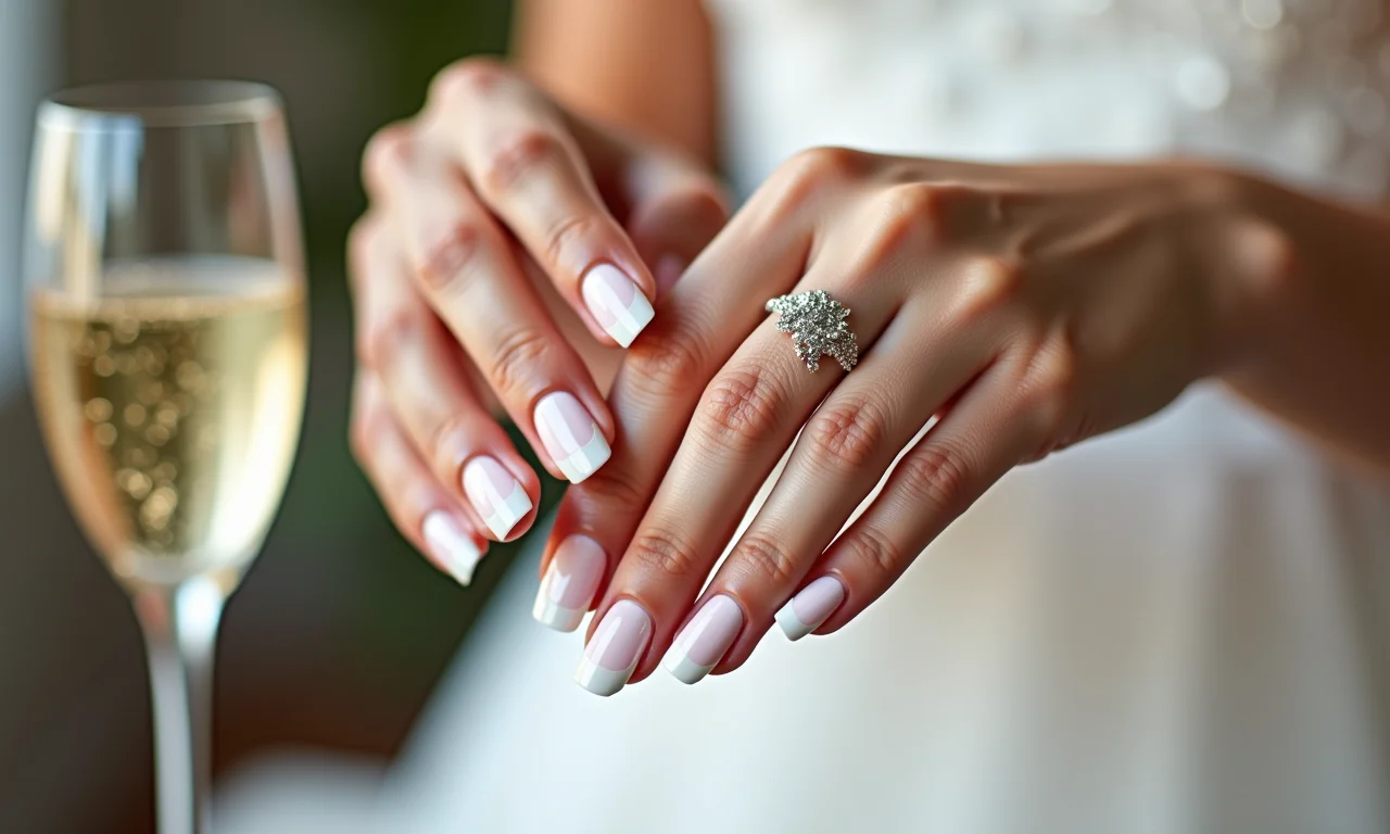 Unhas francesinhas com glitter, adicionando brilho e glamour ao visual da noiva.