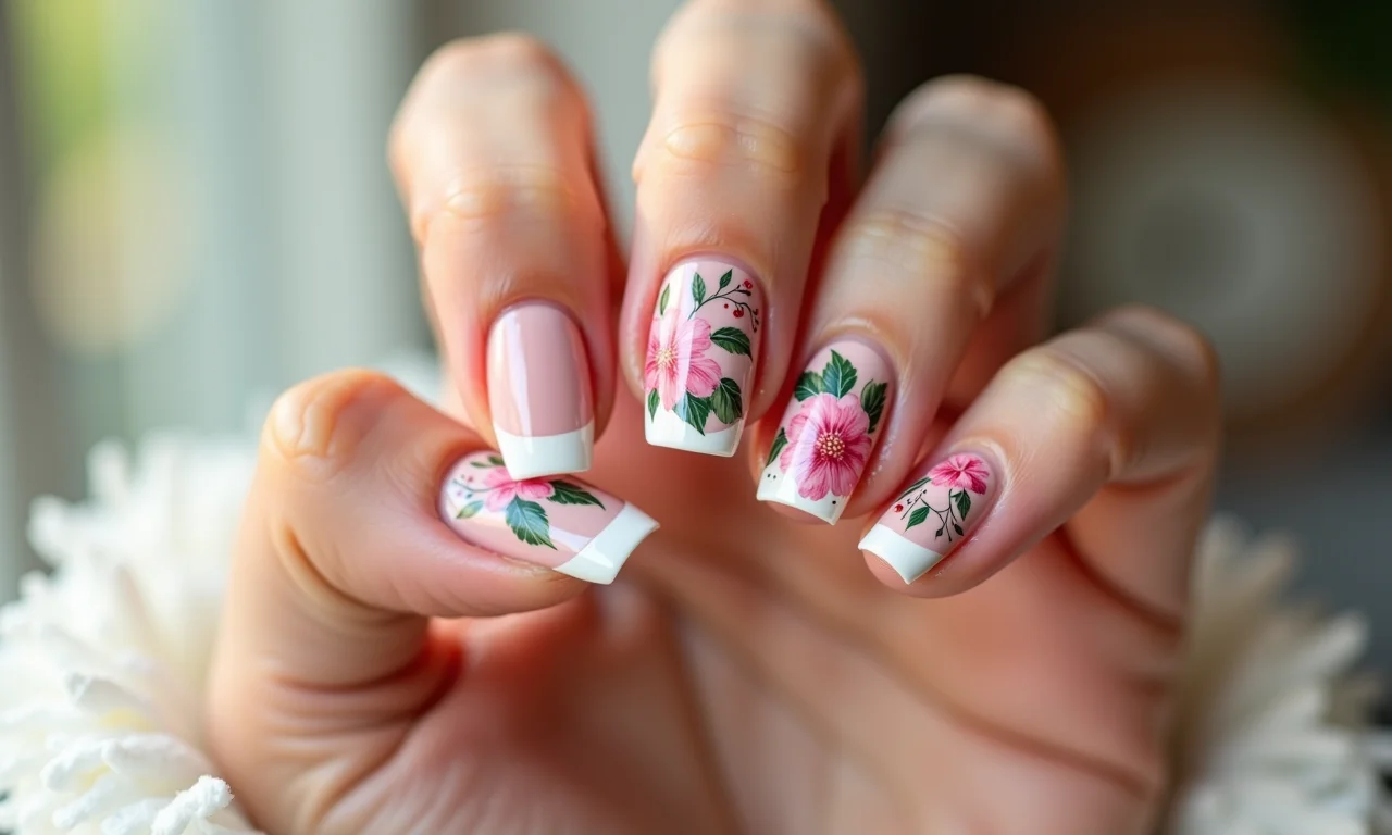 Unhas francesinhas floridas, um clássico reinventado com um toque floral.