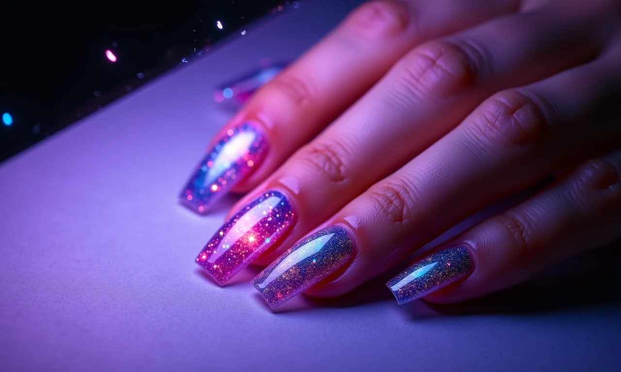 Unhas galáxia com esmalte gel sob a luz UV.