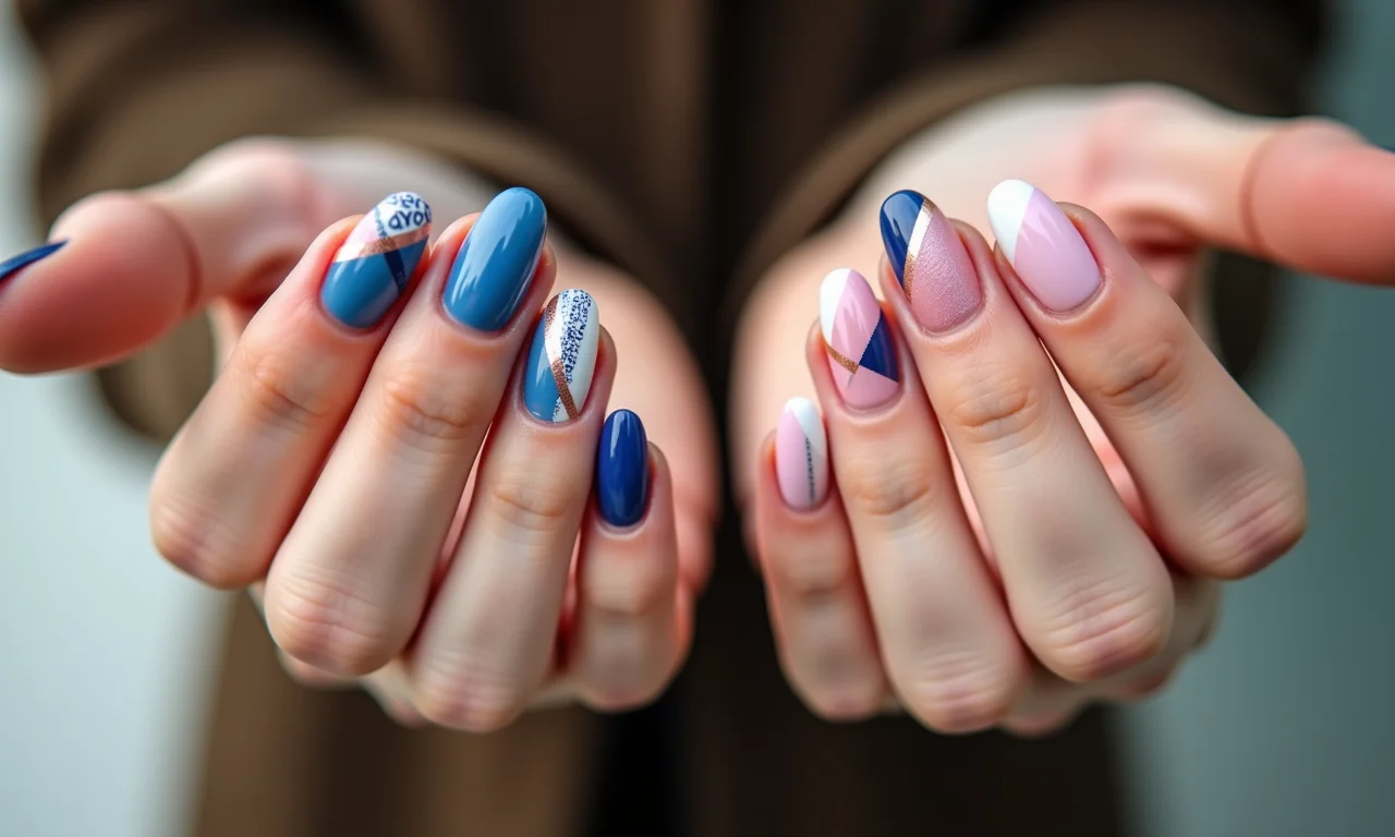 Unhas geométricas com designs modernos, expressando estilo e originalidade.