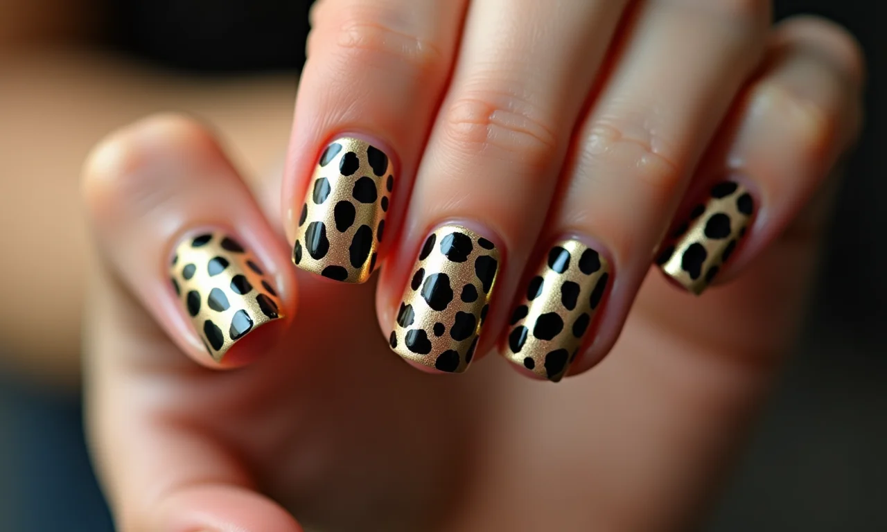 Unhas glamourosas com estampa de leopardo e detalhes em dourado.