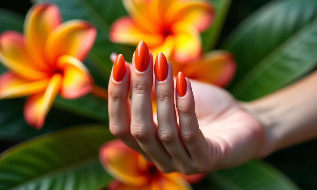 Unhas laranja vibrante, tendência verão 2024.