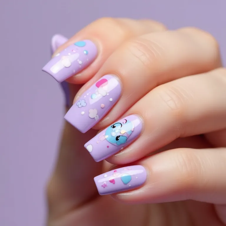 Unhas lavanda com adesivos, praticidade e diversão.