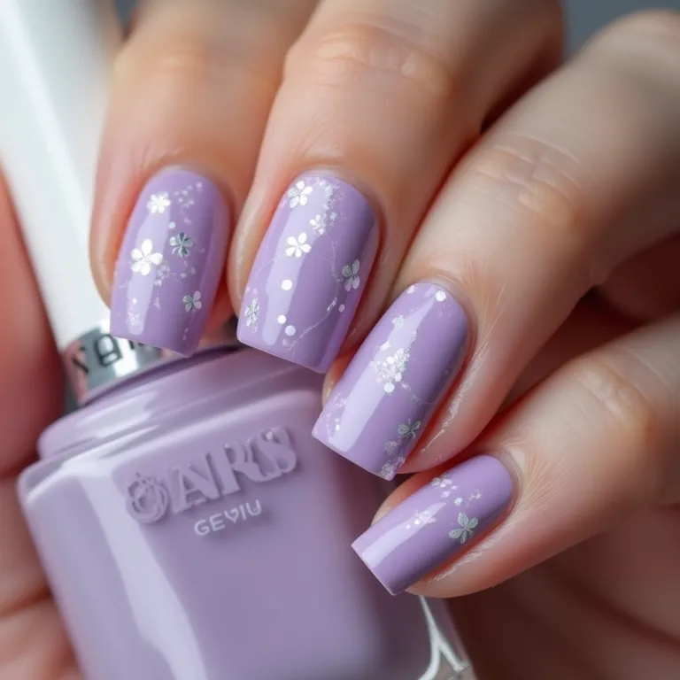 Unhas lavanda com carimbo, detalhes perfeitos e delicados.