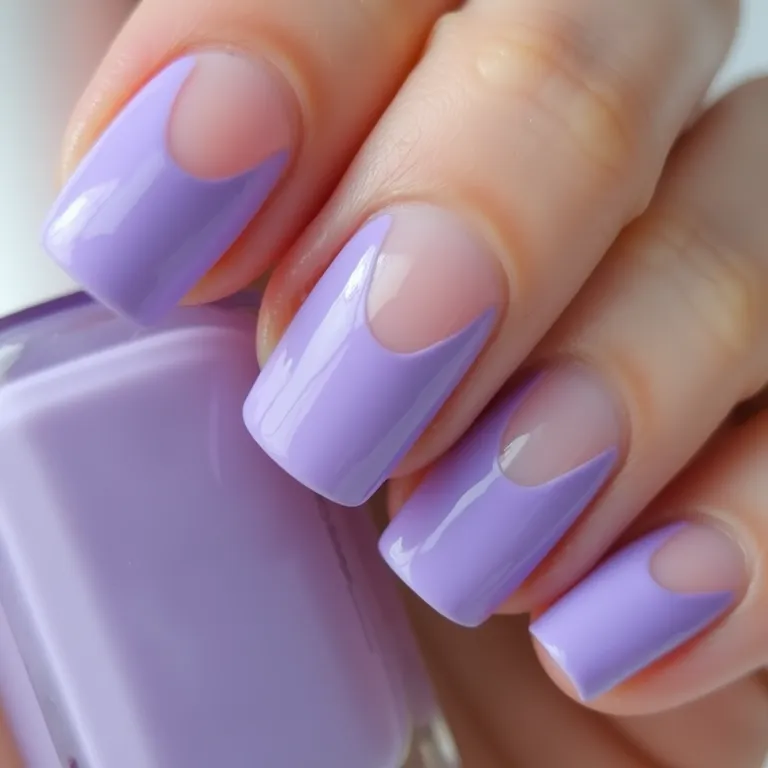 Unhas lavanda com francesinha invertida, originalidade e charme.