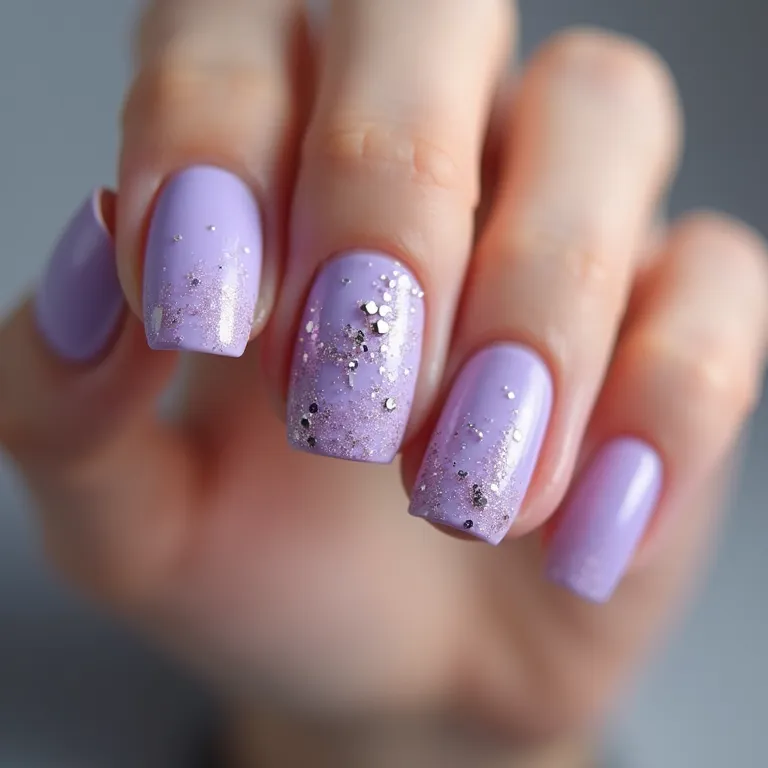 Unhas lavanda com glitter, brilho sutil e elegante.