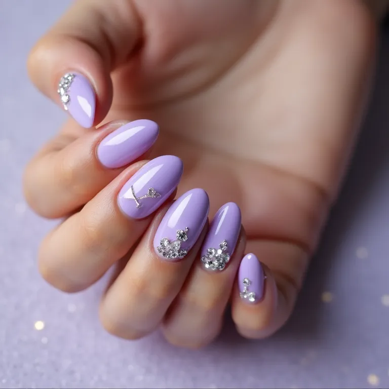 Unhas lavanda com pedrarias, elegância e sofisticação.