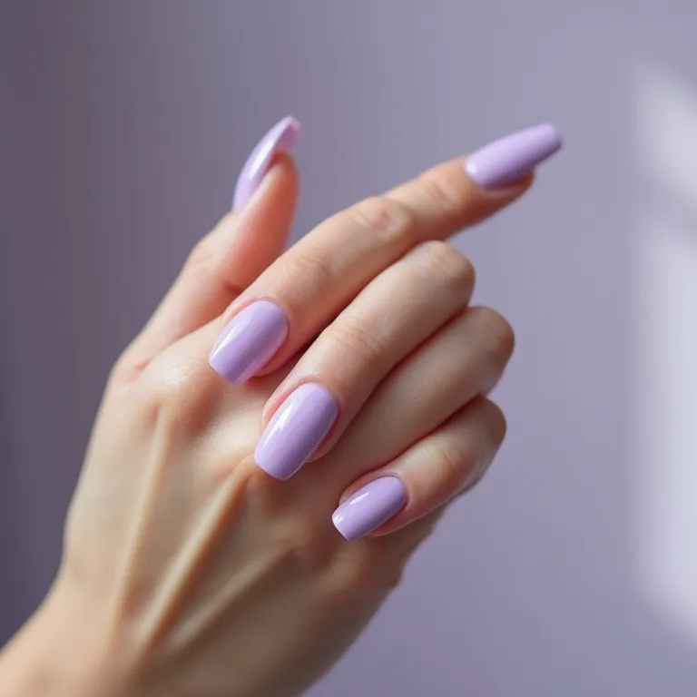 Unhas lavanda lisas, elegância minimalista em destaque.