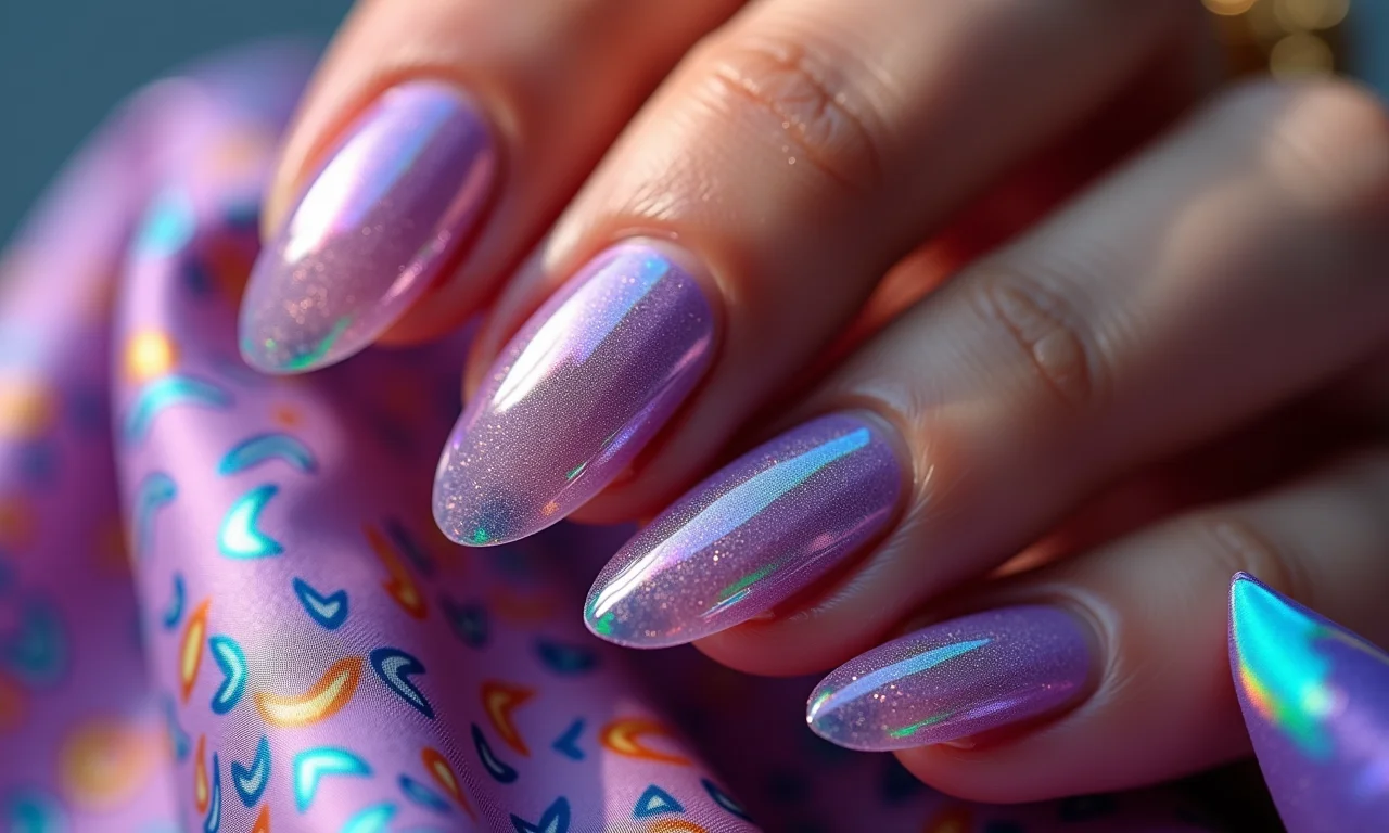 Unhas lilás vibrante com pedras furta-cor refletindo diversas cores.