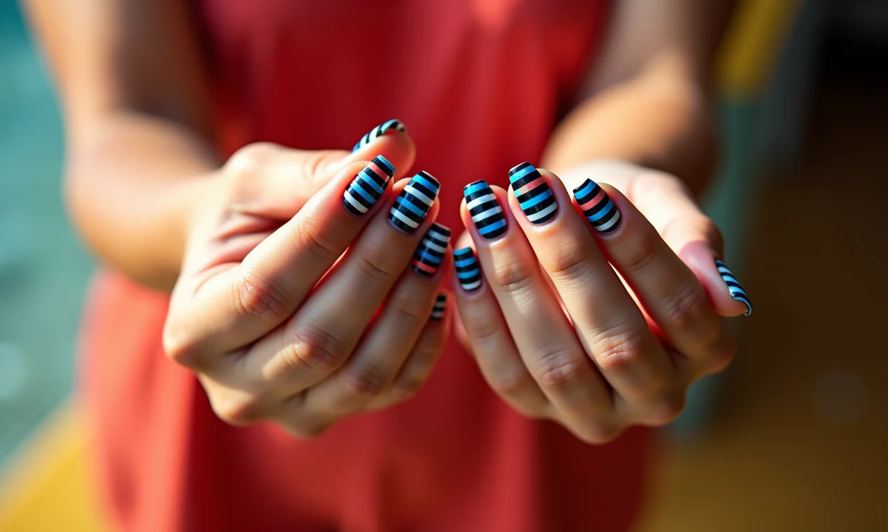 Unhas listradas com cores vibrantes.