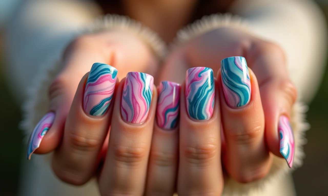 Unhas marmorizadas com cores vibrantes e padrões únicos.