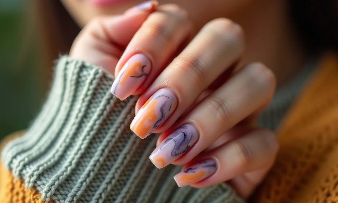 Unhas marmorizadas com efeito elegante.