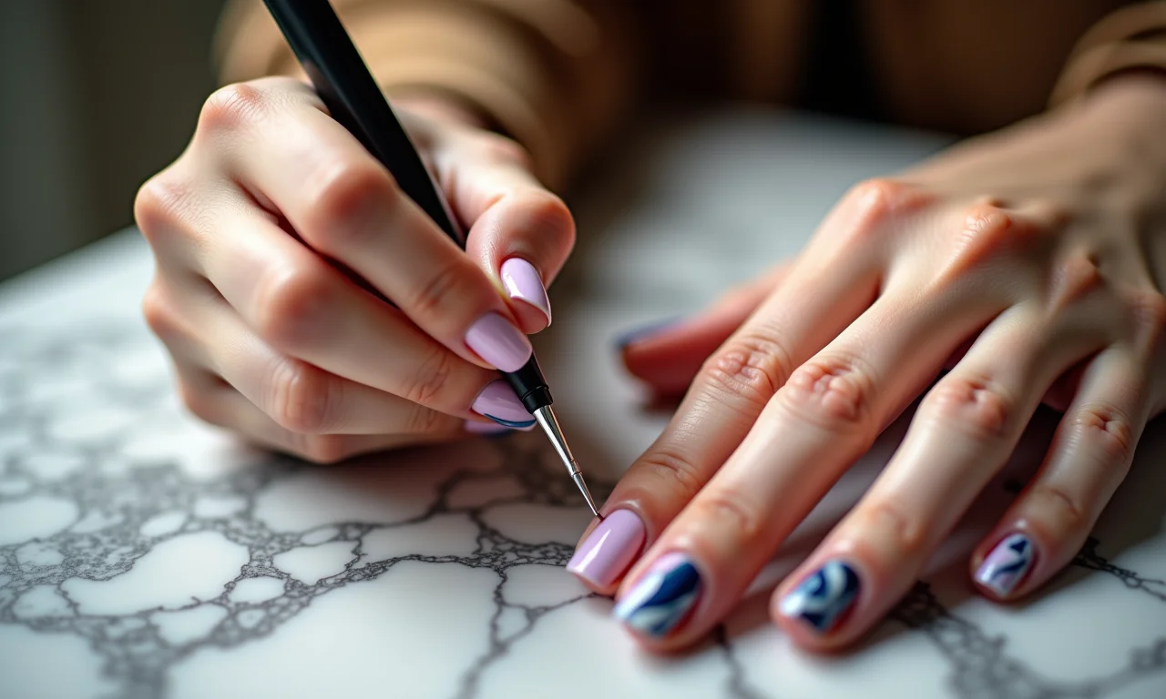 Unhas marmorizadas com efeito elegante e moderno.