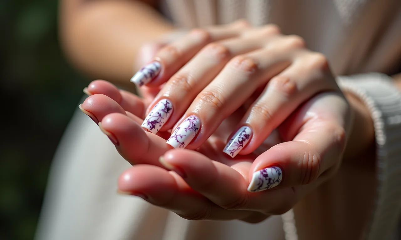 Unhas marmorizadas com efeito elegante e sofisticado, lembrando a beleza natural das pedras.