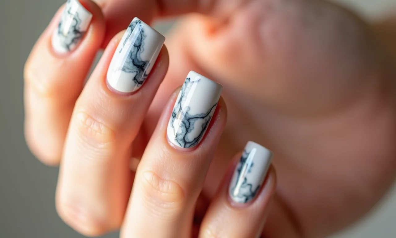 Unhas marmorizadas com efeito elegante.