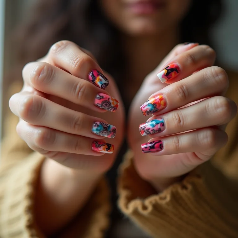 Unhas marmorizadas com efeito sofisticado.