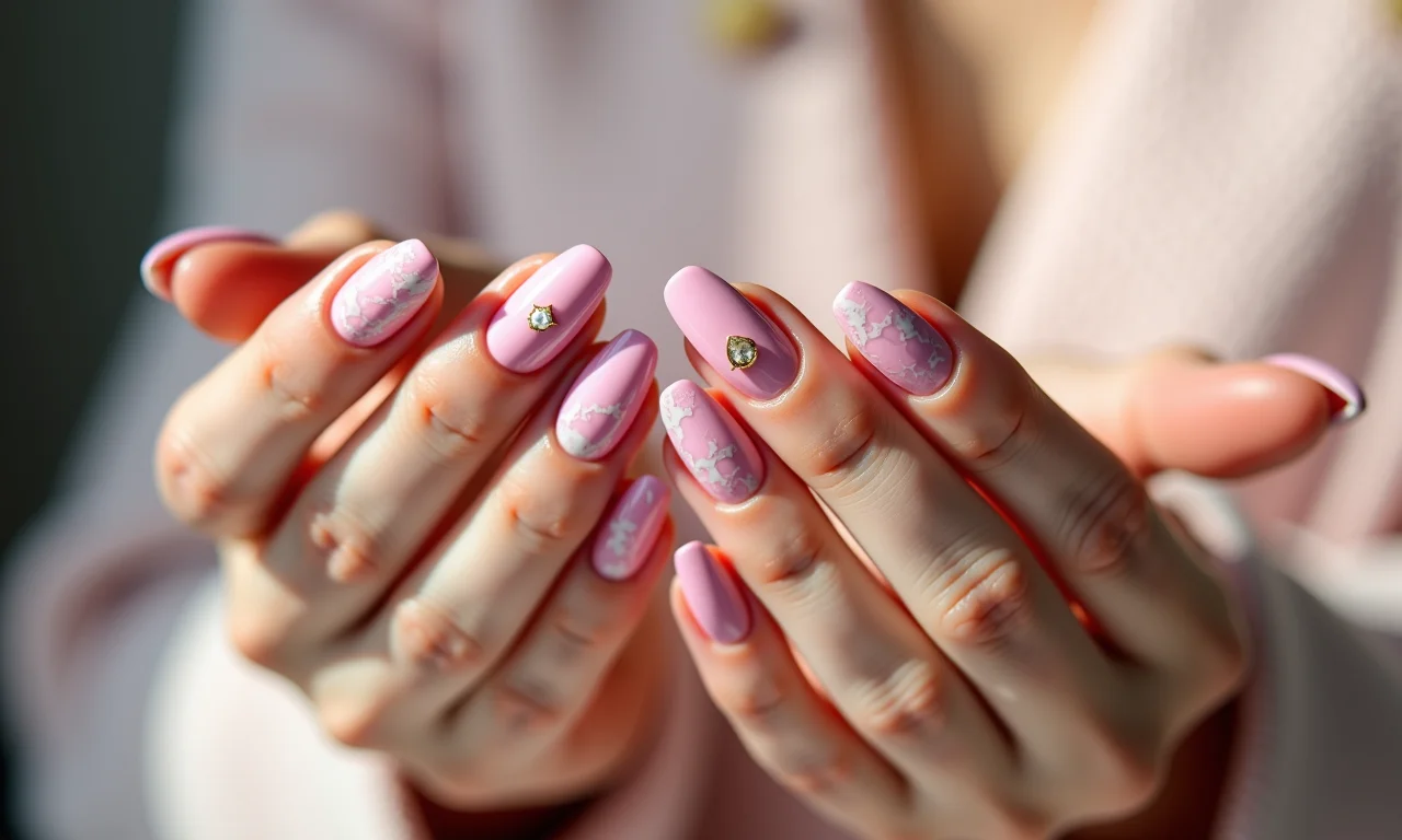 Unhas marmorizadas com estilo romântico.