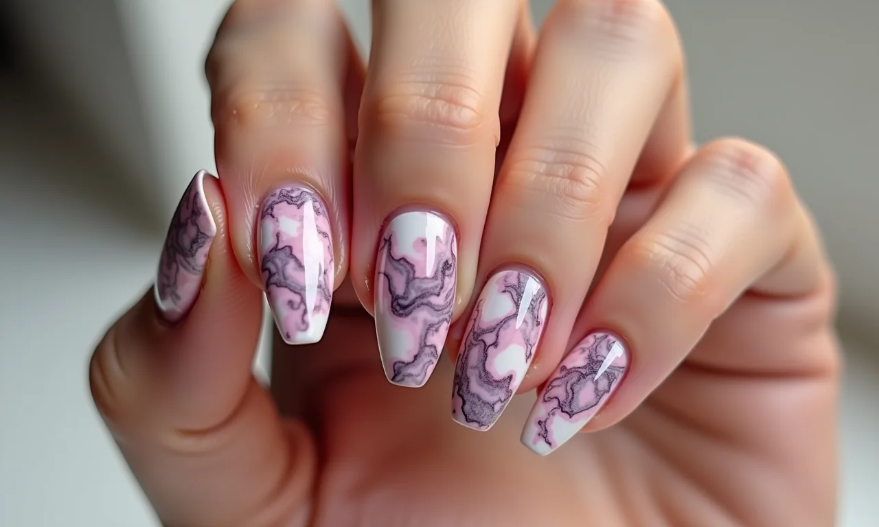 Unhas marmorizadas com gel.