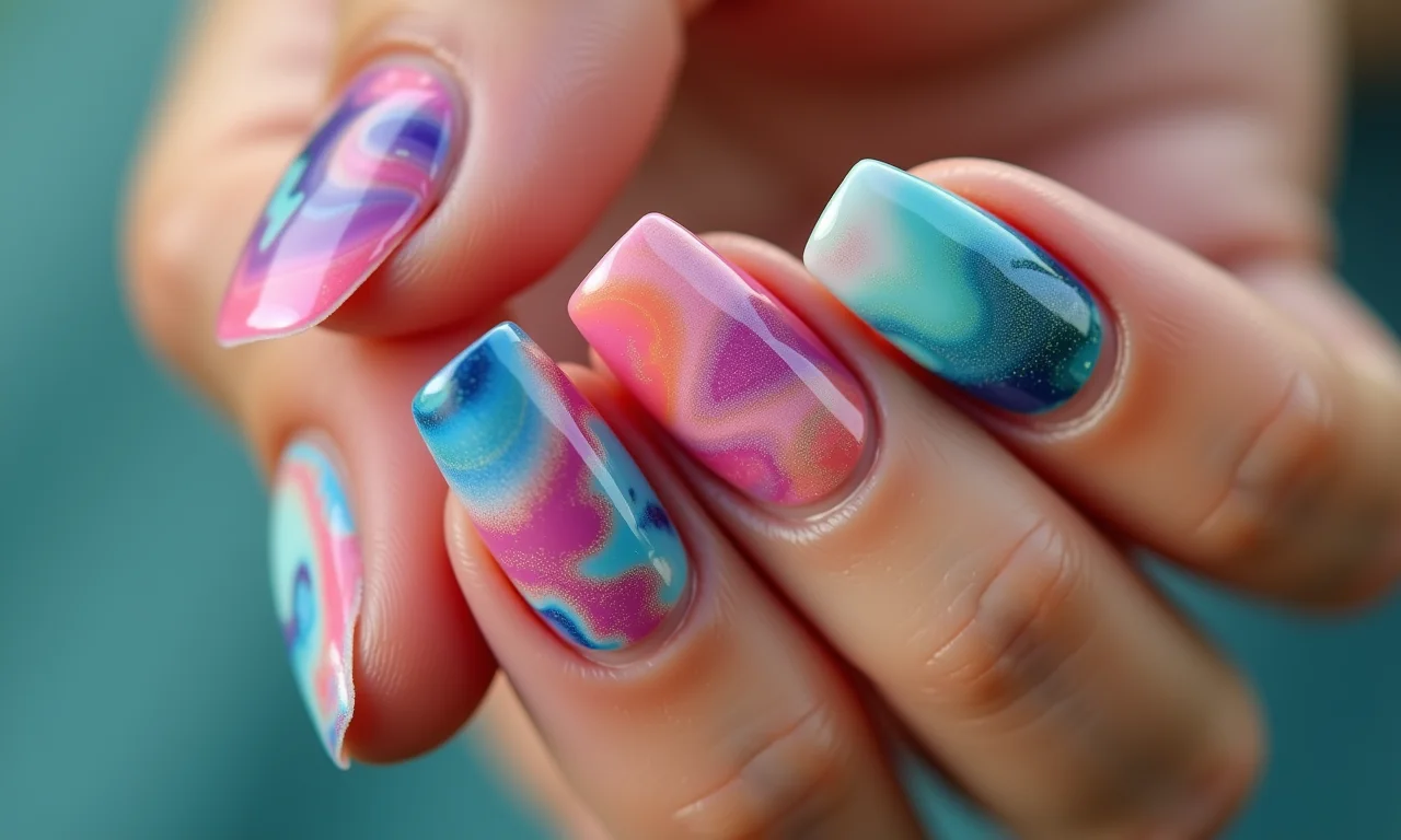 Unhas marmorizadas em gel com cores vibrantes.