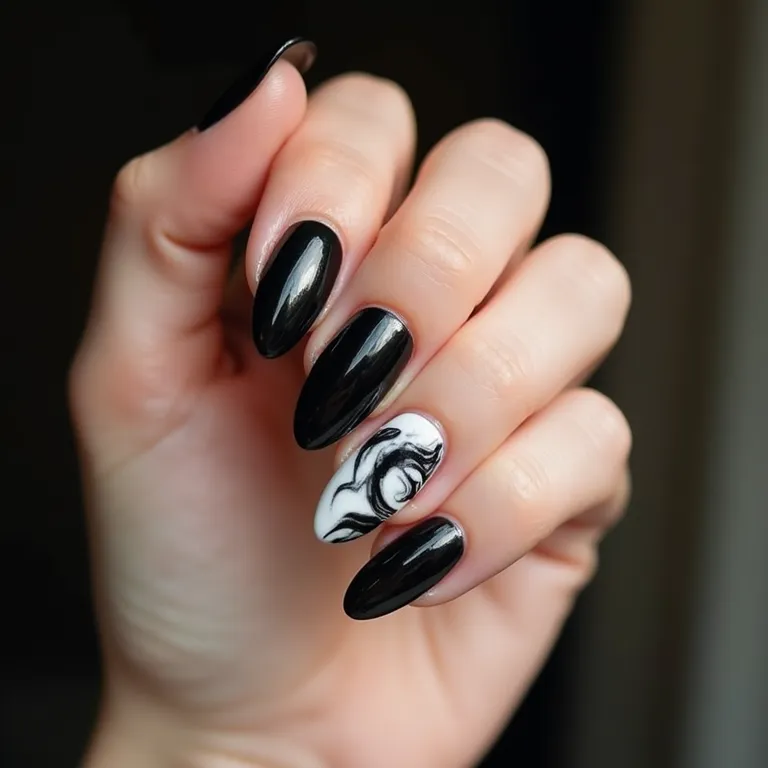 Unhas marmorizadas em gel preta e branca.