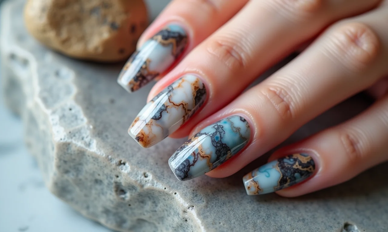 Unhas marmorizadas em soft gel.