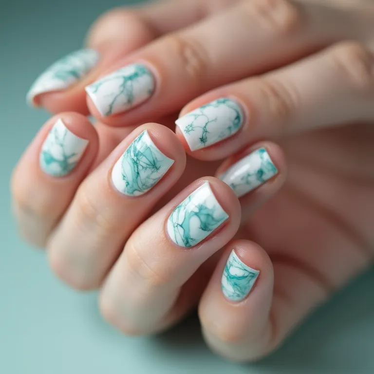 Unhas marmorizadas verde água: elegância moderna.