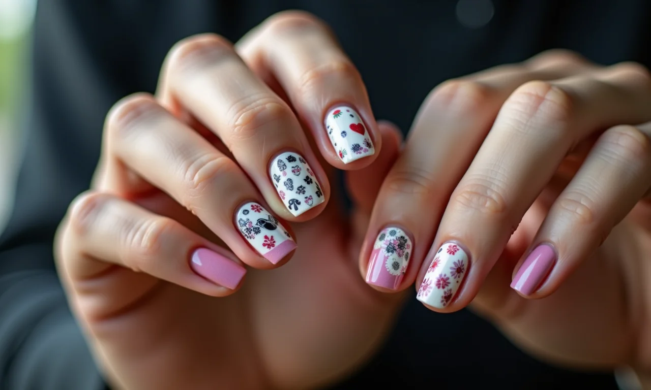 Unhas masculinas com adesivos e aplicações.