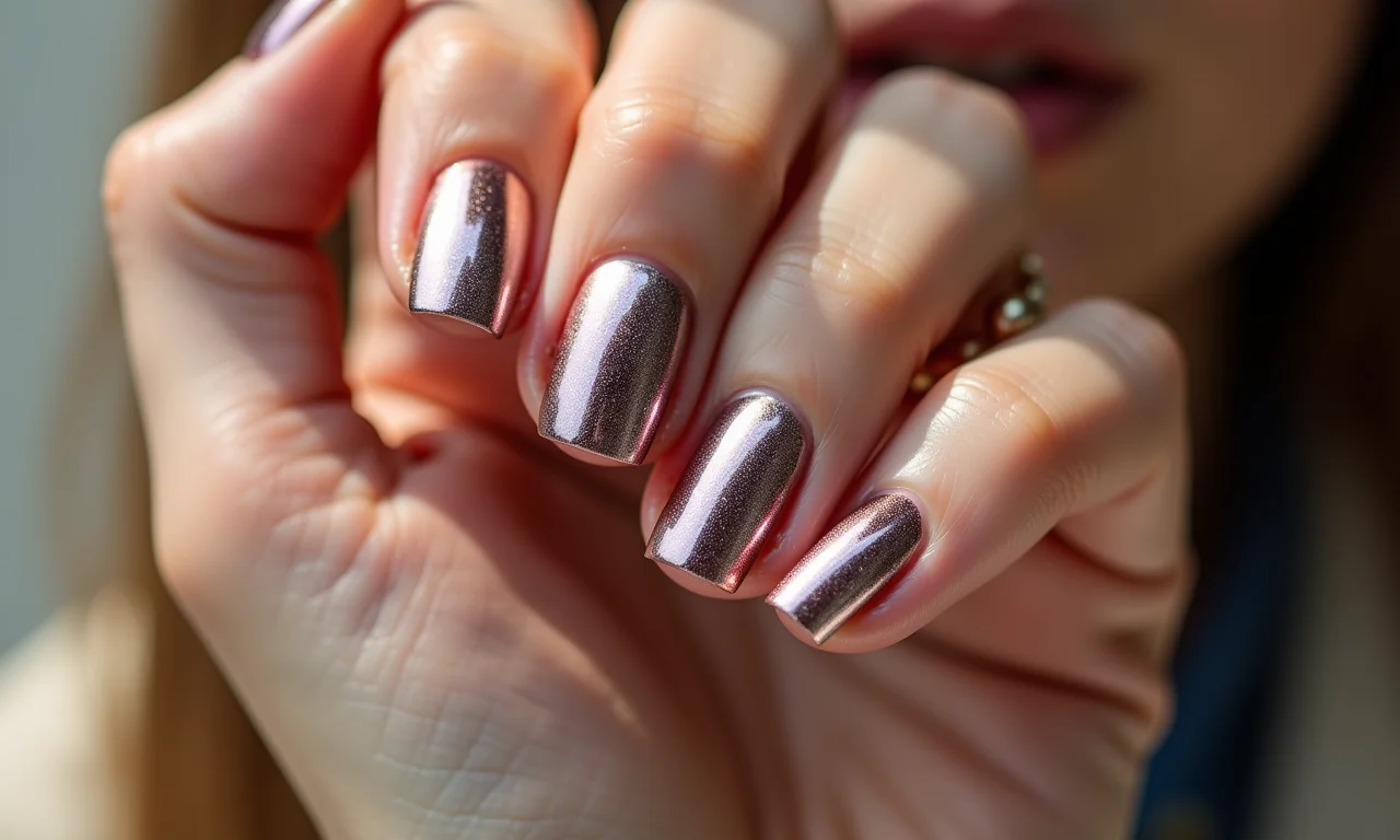 Unhas metalizadas com acabamento ousado e moderno, refletindo a luz de forma intensa.