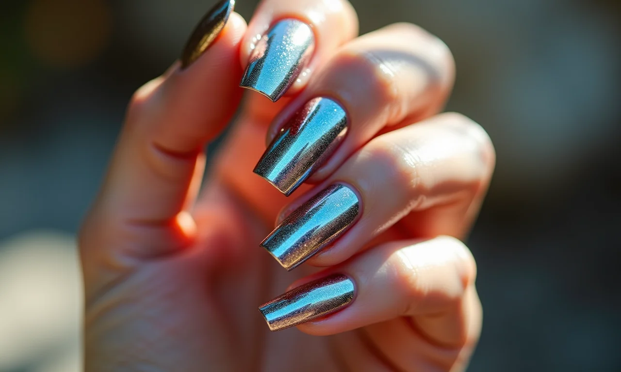 Unhas metalizadas com efeito cromado e holográfico.