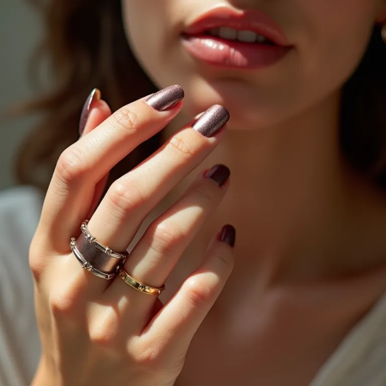 Unhas metalizadas com joias modernas em mãos femininas.