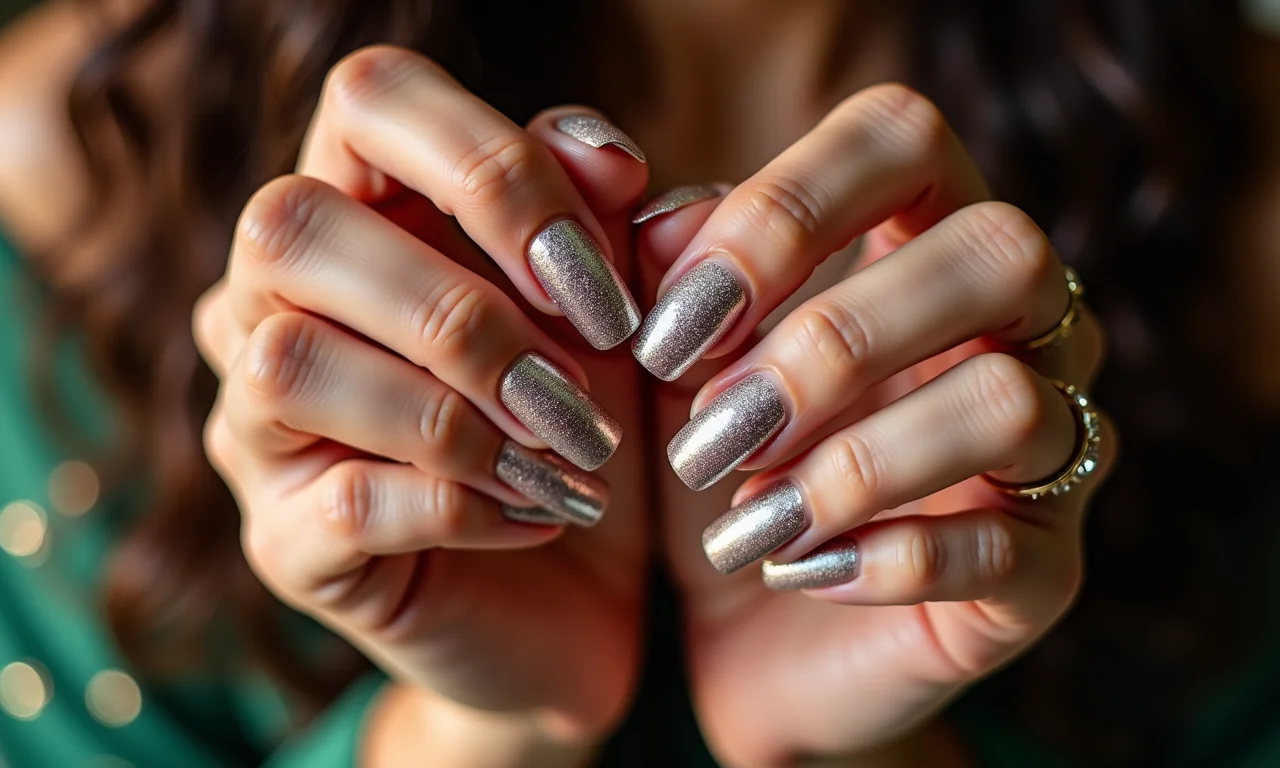 Unhas metalizadas com pedrarias para o Natal.