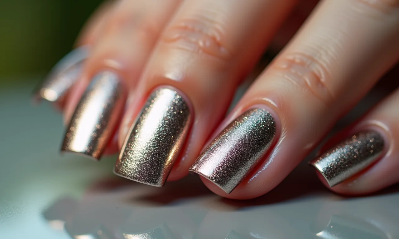 Unhas metalizadas com texturas brilhantes e reflexivas.