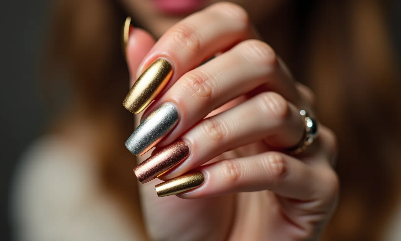 Unhas metalizadas em tons de dourado, prata e bronze para o Natal.