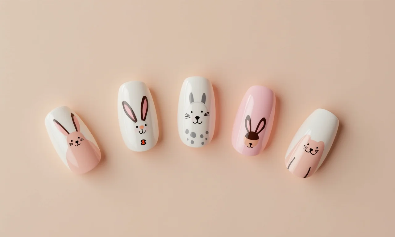 Unhas minimalistas com detalhes delicados de Páscoa.