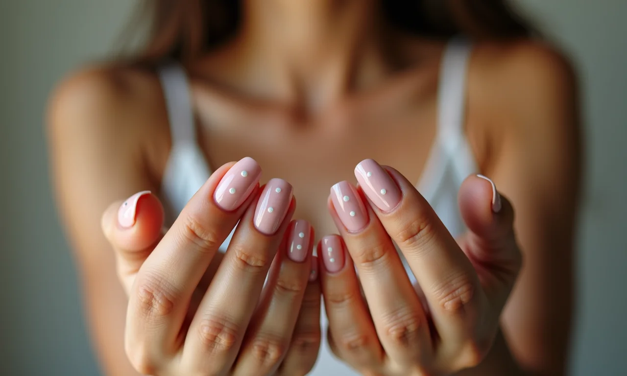 Unhas minimalistas com pequenos pontos brancos em base nude.