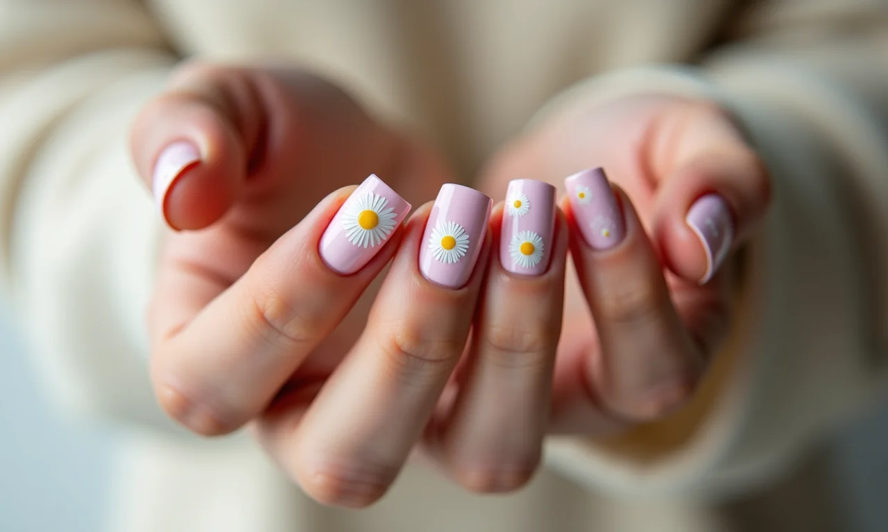Unhas minimalistas decoradas com margaridas, um toque delicado e charmoso.