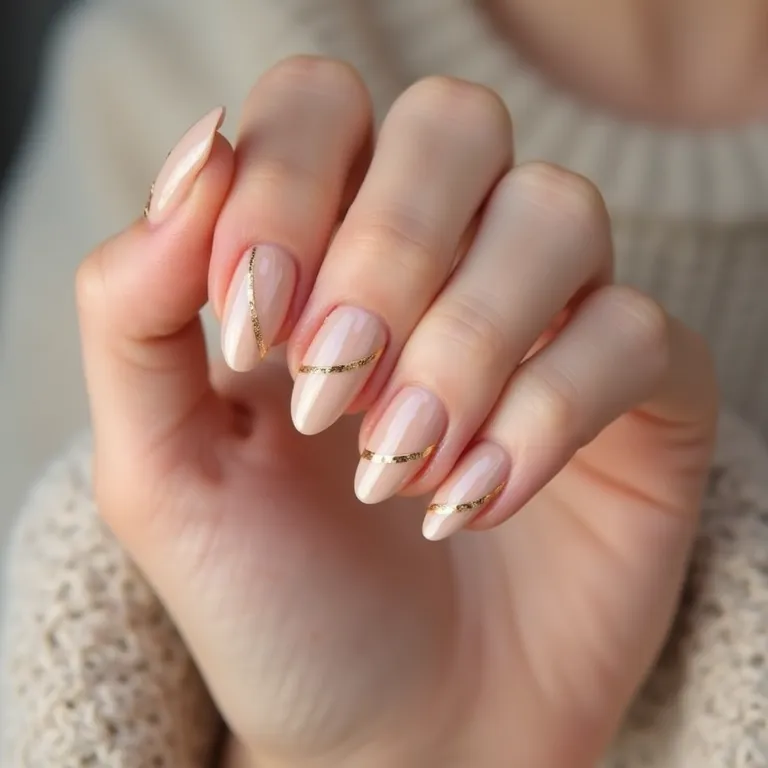Unhas minimalistas para o Réveillon com detalhes em dourado.