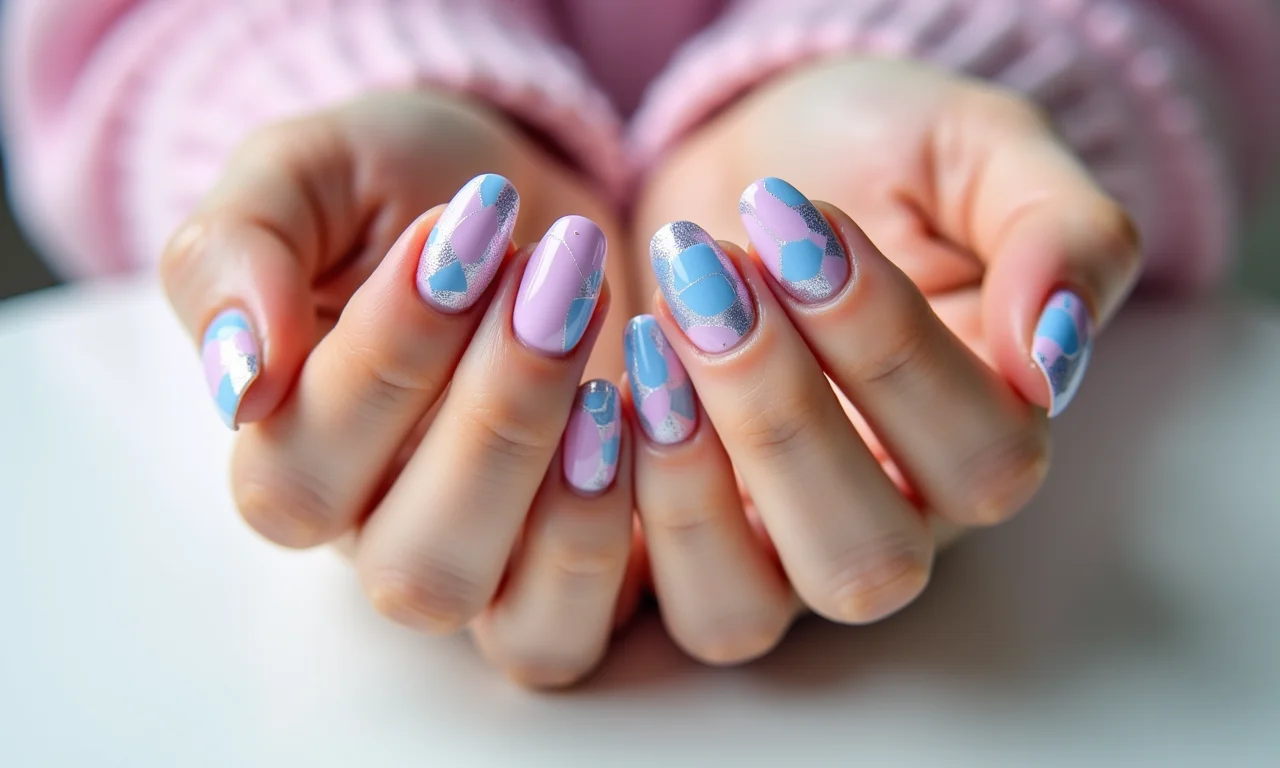 Unhas mosaico em tons pastel.