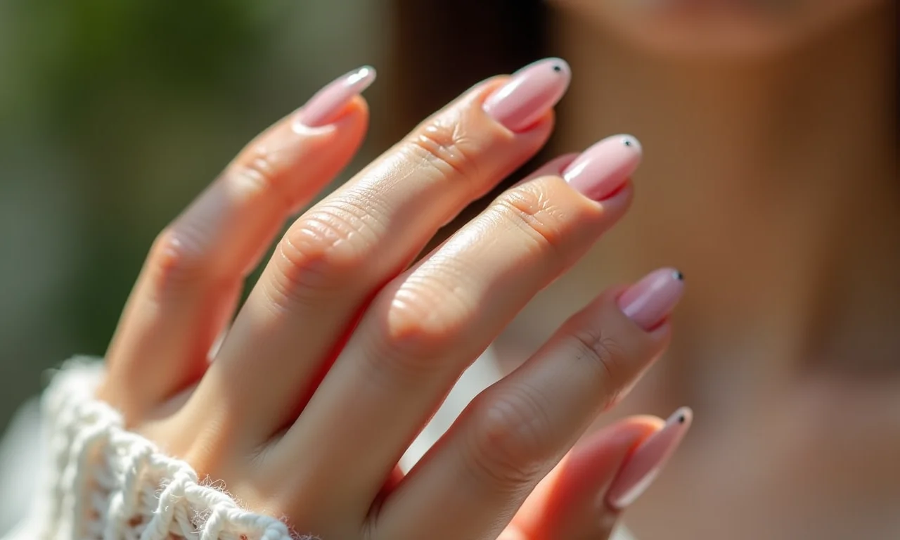 Unhas nude com pequenos pontos decorativos minimalistas.