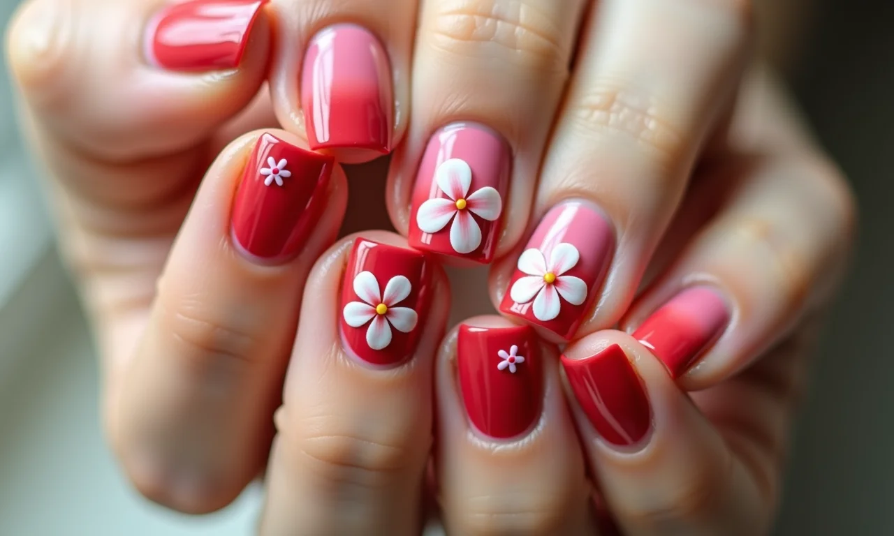 Unhas ombré com flores, um degradê suave e elegante com detalhes florais.