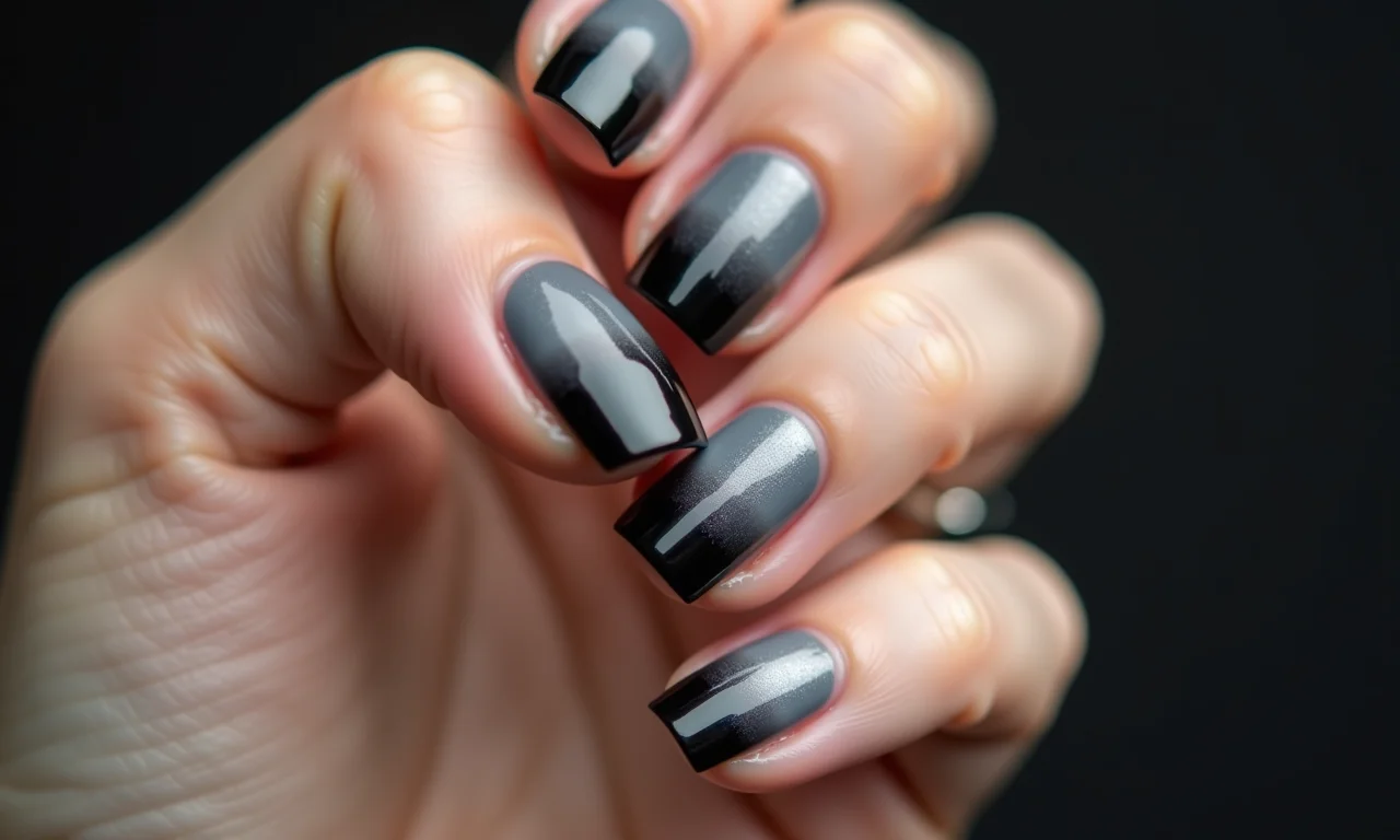 Unhas ombré em tons de cinza e preto.