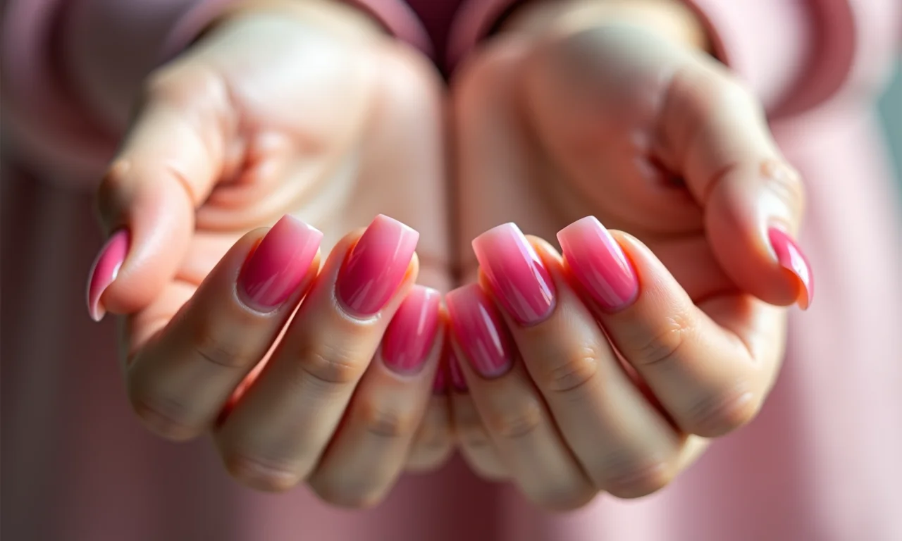 Unhas ombré em tons românticos e suaves.