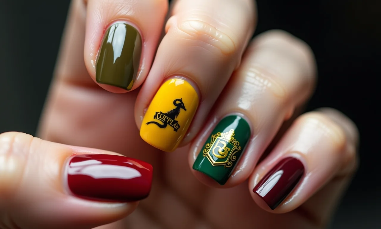 Unhas pintadas com as cores das casas de Hogwarts.