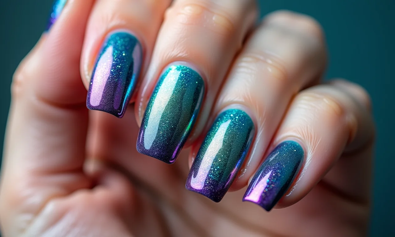 Unhas pintadas com esmalte sereia de alta pigmentação, cores vibrantes.