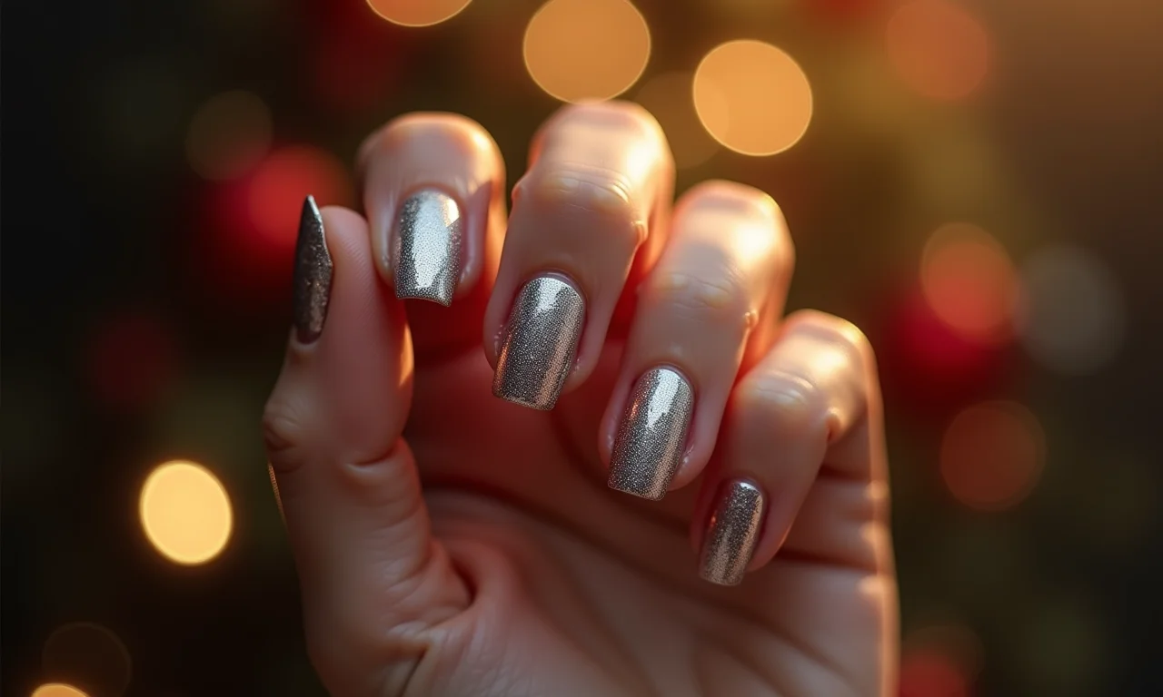 Unhas prata com glitter para o Ano Novo.